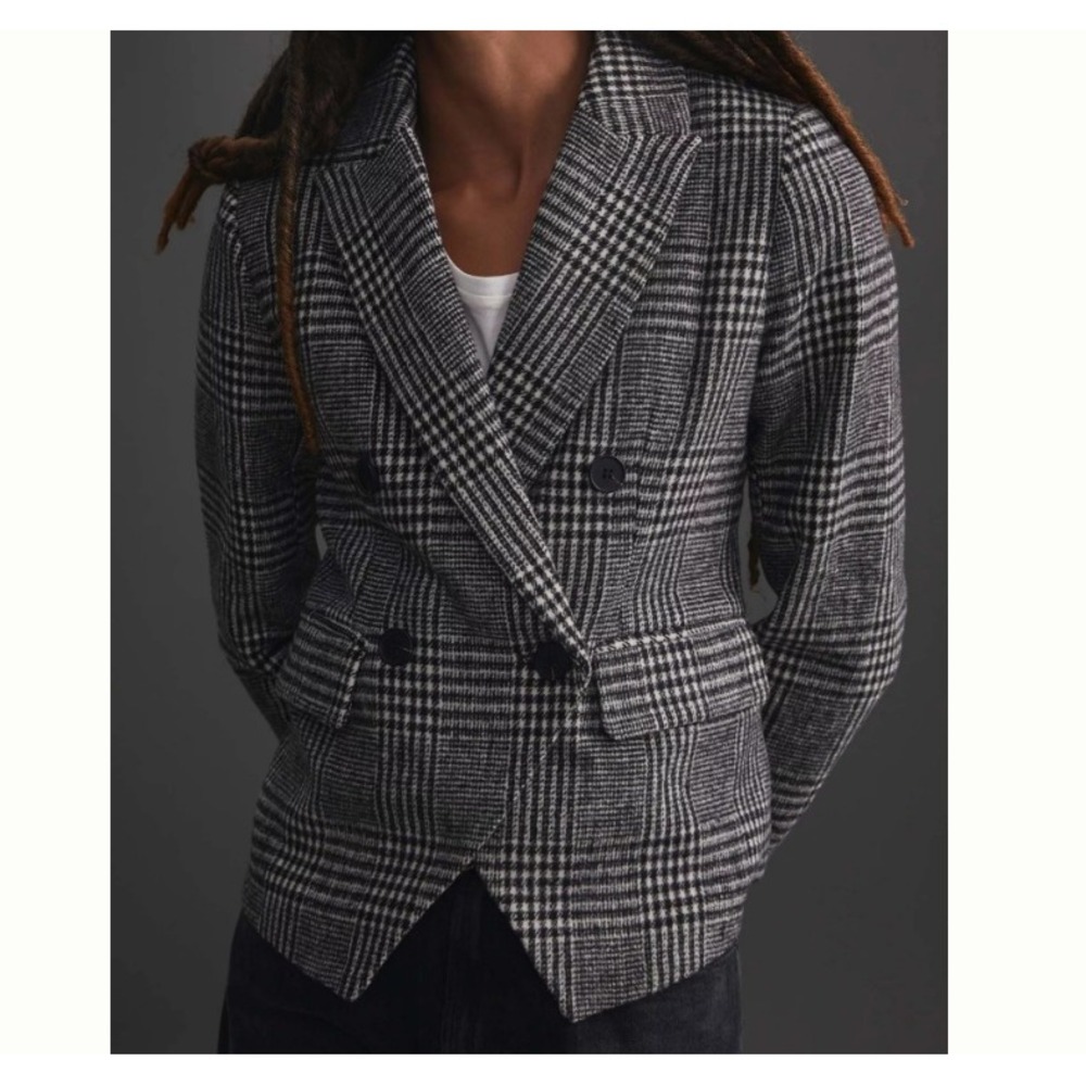 Avec Les Filles Womens Black White Glen Plaid Double Breasted Blazer Jacket XS